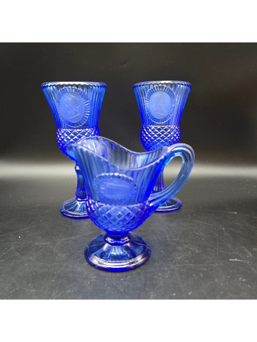 Vintage Avon Fostoria Cobalt Blue George Martha Washington Goblets & Creamer Set